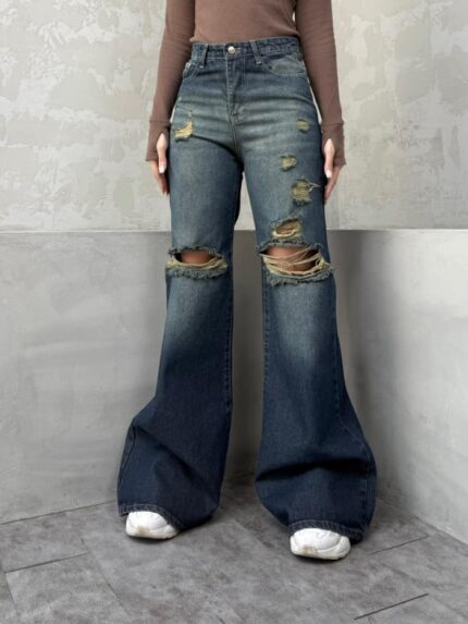 شلوار بگ بوتکات زاپدار آبی تیره کد محصول : ۴۱۴۴